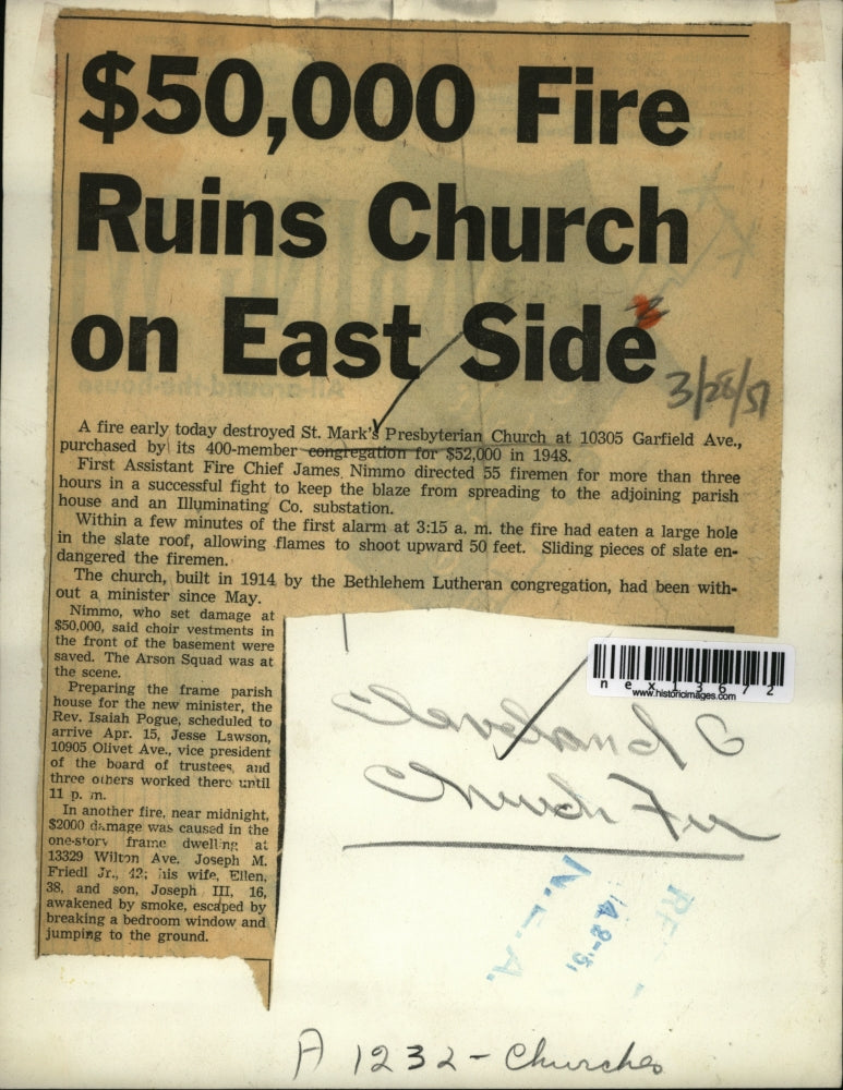Load image into Gallery viewer, 1951 Press Photo Fire at St Mark Presbyterian Church Garfield Avenue Cleveland
