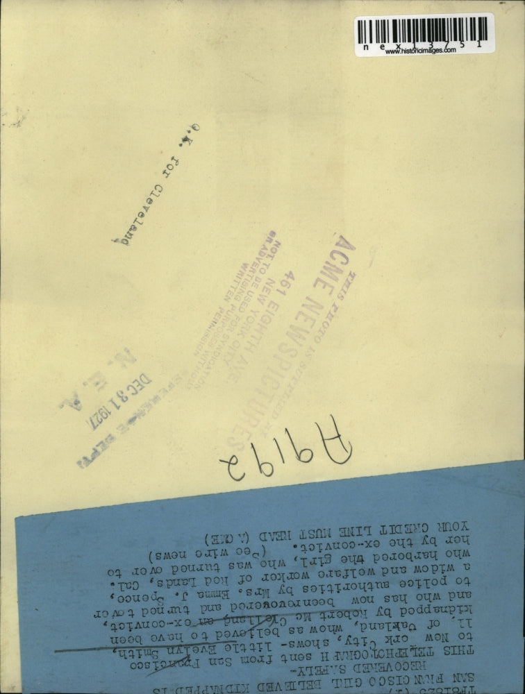 1927 Press Photo Evelyn Smith, 11, kidnapped by Robert McClelland