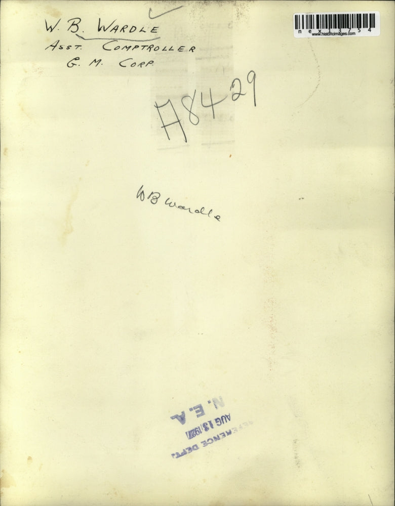 1927 Press Photo W. B. Wardle, Asst. Comptroller, G. M. Corp.