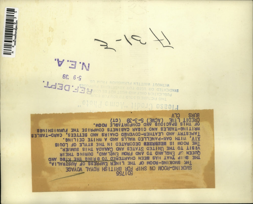 1939 Press Photo Smoking Room of the liner Empress of Australia