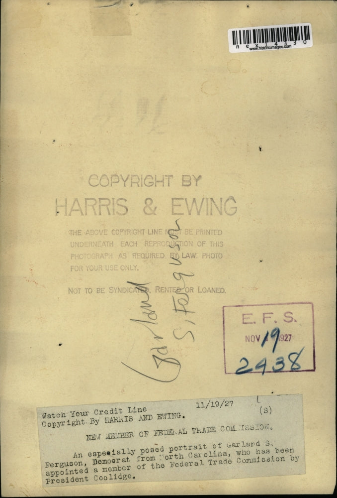 1927 Press Photo Garland S Ferguson Democrat of NC for Federal Trade Comm