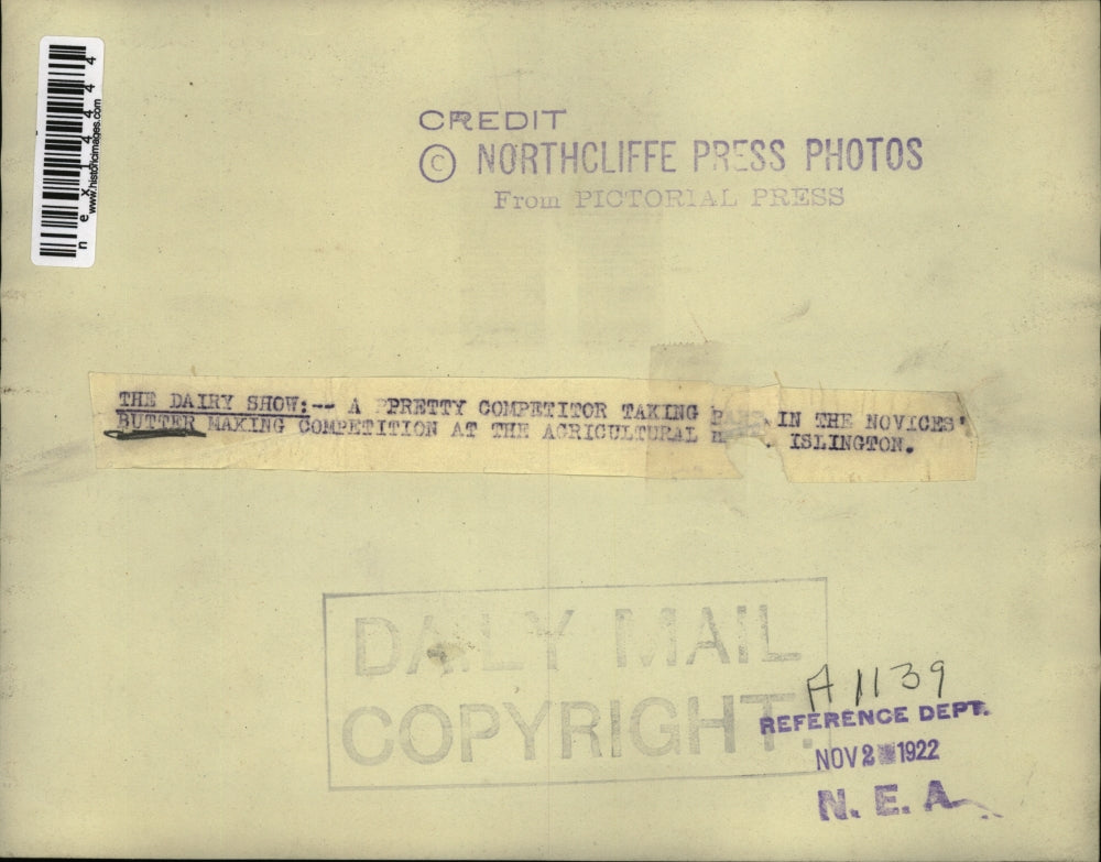 1922 Press Photo Dairy/Butter Making Competition, Agricultural Fair Islington