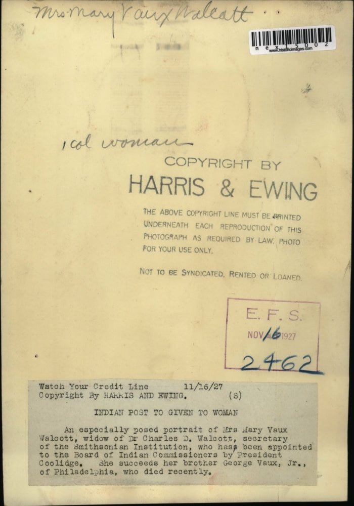 1927 Press Photo Mrs Mary Vaux Walcott Board of Indian Commissioners