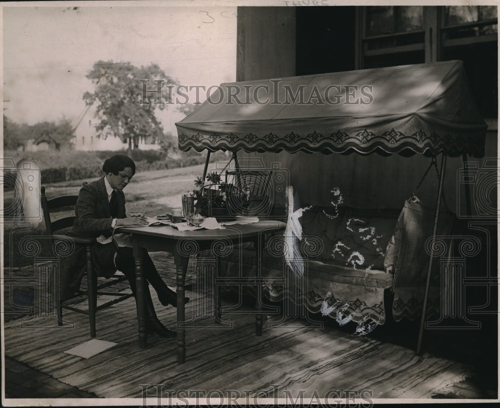 1920 Press Photo Nina Wilcox Putman Working On Deck Of Her Home