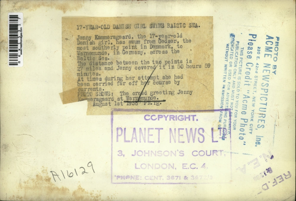 1938 Press Photo Jenny Kammersgaard Swims Across Baltic Sea from Denmark