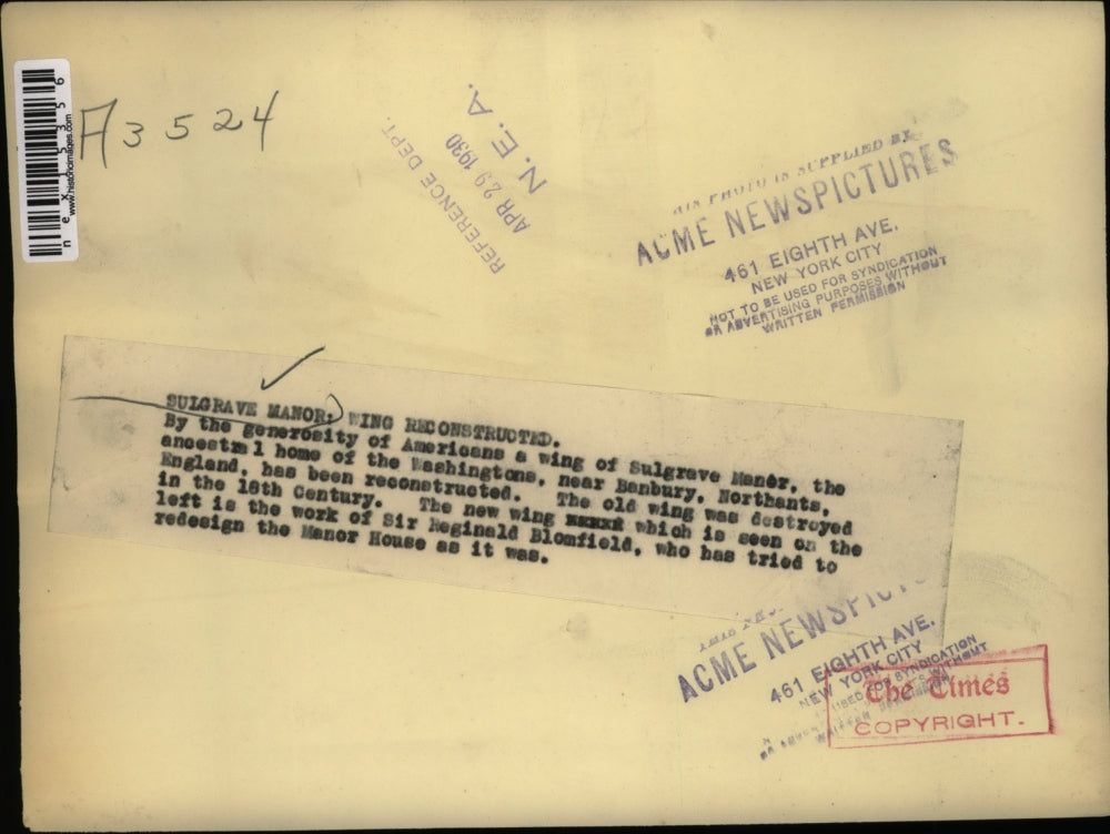 1930 Press Photo Sulgrave Manor, Ancestral Home of the Washingtons