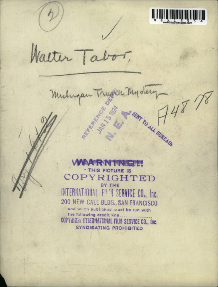 1924 Press Photo Walter Tabor Michigan Trunk Mystery