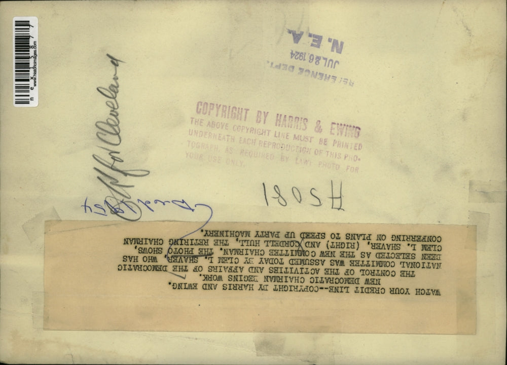 1924 Press Photo Clem L. Shaver, Cordell Hull, Democratic National Committee