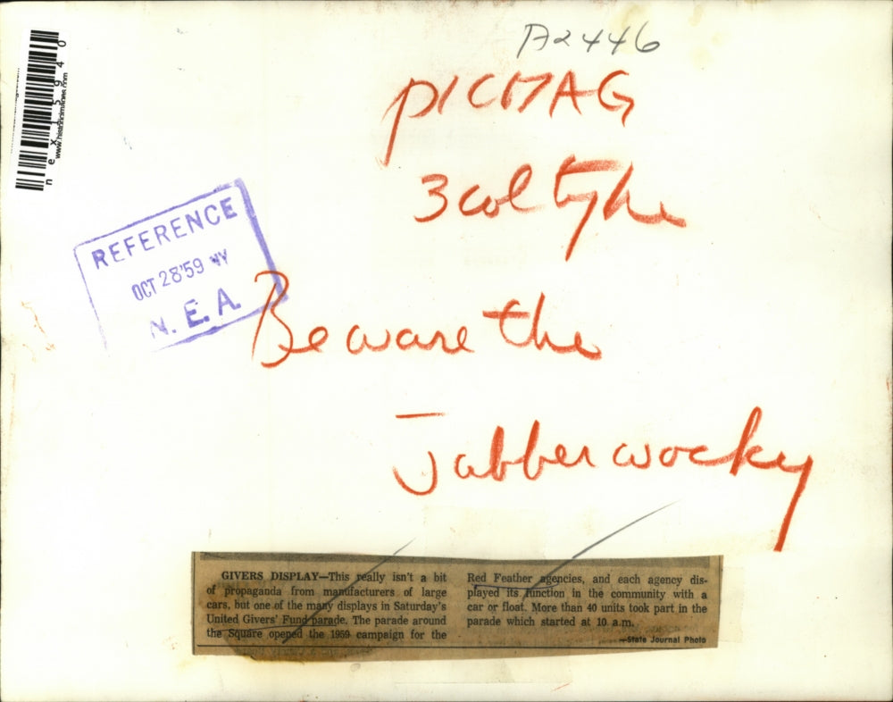 1959 Press Photo United Givers Fund parade for Red Feather agencies