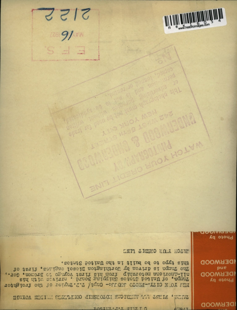 1927 Press Photo NYC Captain TP Taylor of freighter Tampa