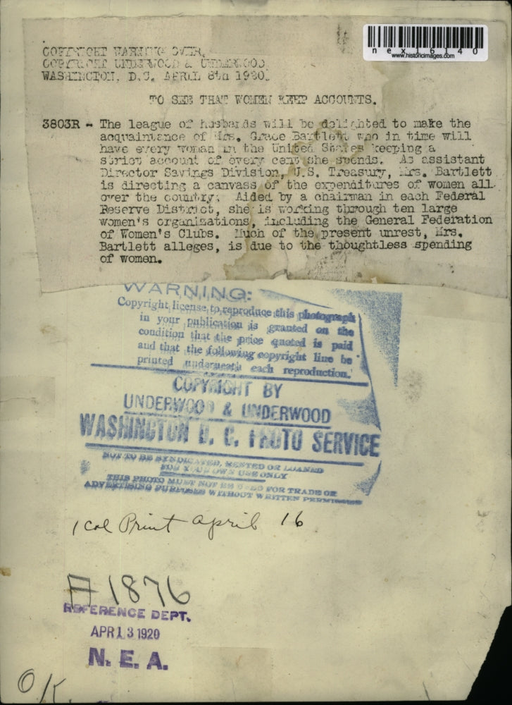 1920 Press Photo Mrs. grace Bartlett, assistant director Saving Division