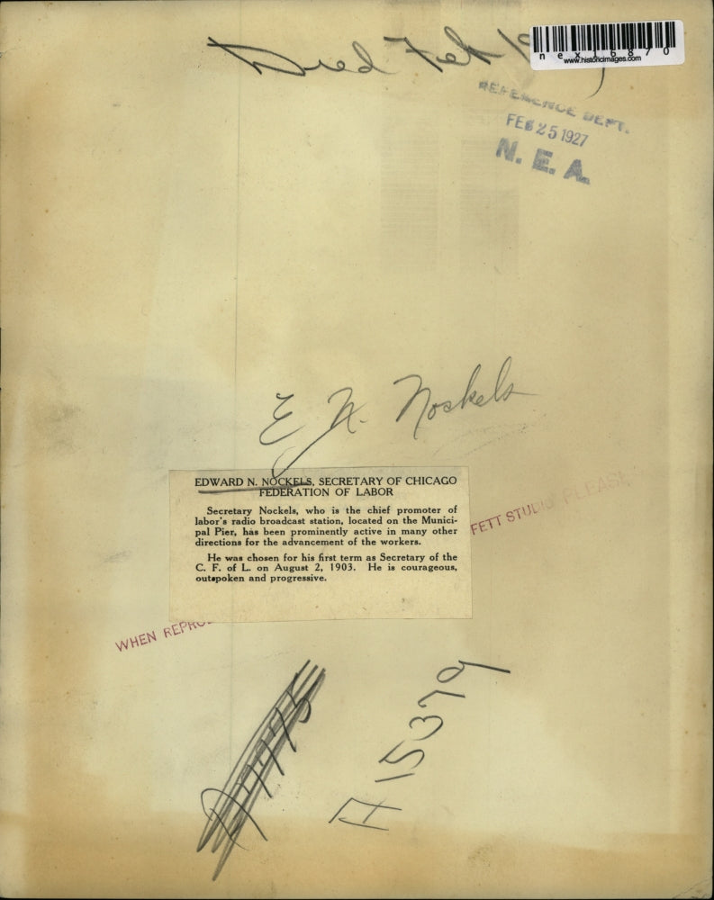 1927 Press Photo Edward N Nockels Sec of Chicago Federation of Labor