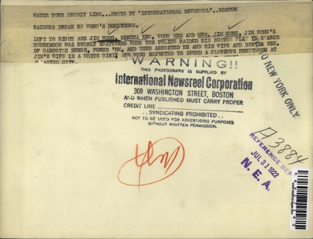 1922 Press Photo Jim Wong, Bertha Lee, Wong Kee, Mrs Wong arrested on honeymoon