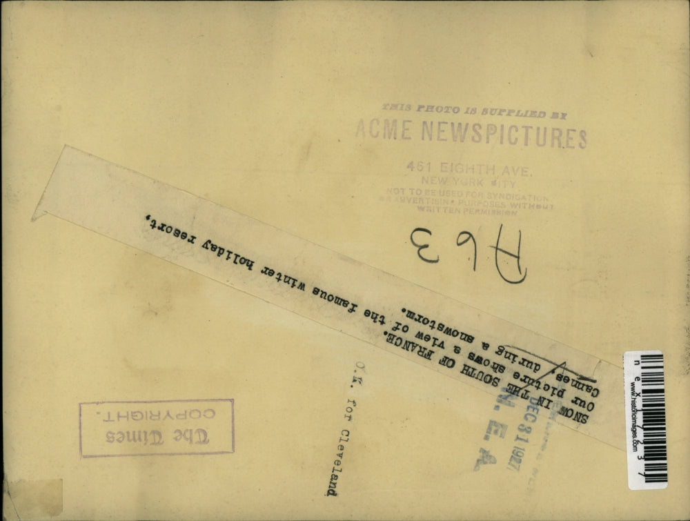 1927 Press Photo Snowfall at Cannes France winter holiday resort - nex17237