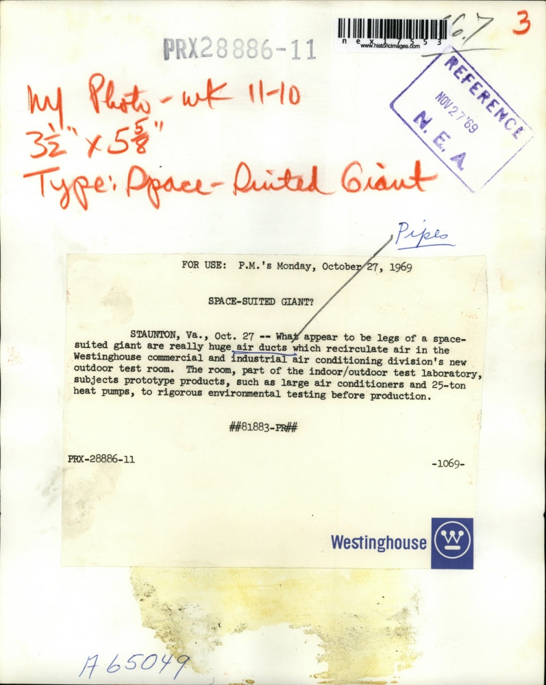 1969 Press Photo Westinghouse Air Conditioning Air Ducts in Test Room Virginia