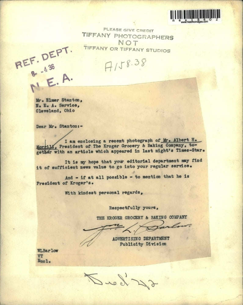 1936 Press Photo Albert H. Morrill, pres. of Kroger Grocery and Baking Co.