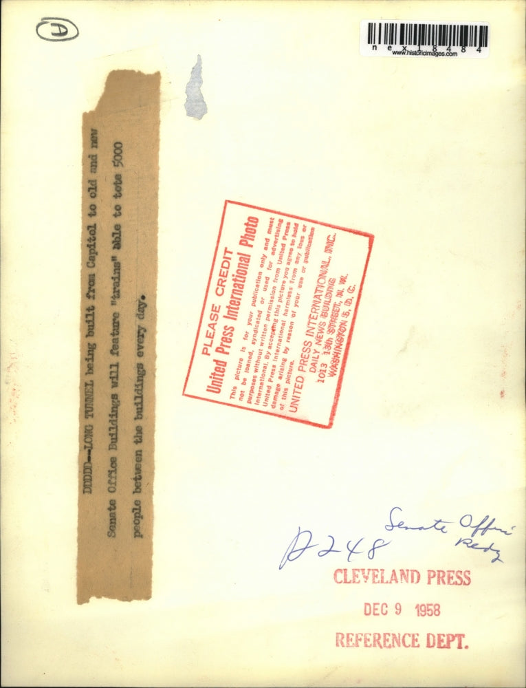 1958 Press Photo train tunnel being built from Capitol to Senate Office Bldgs DC