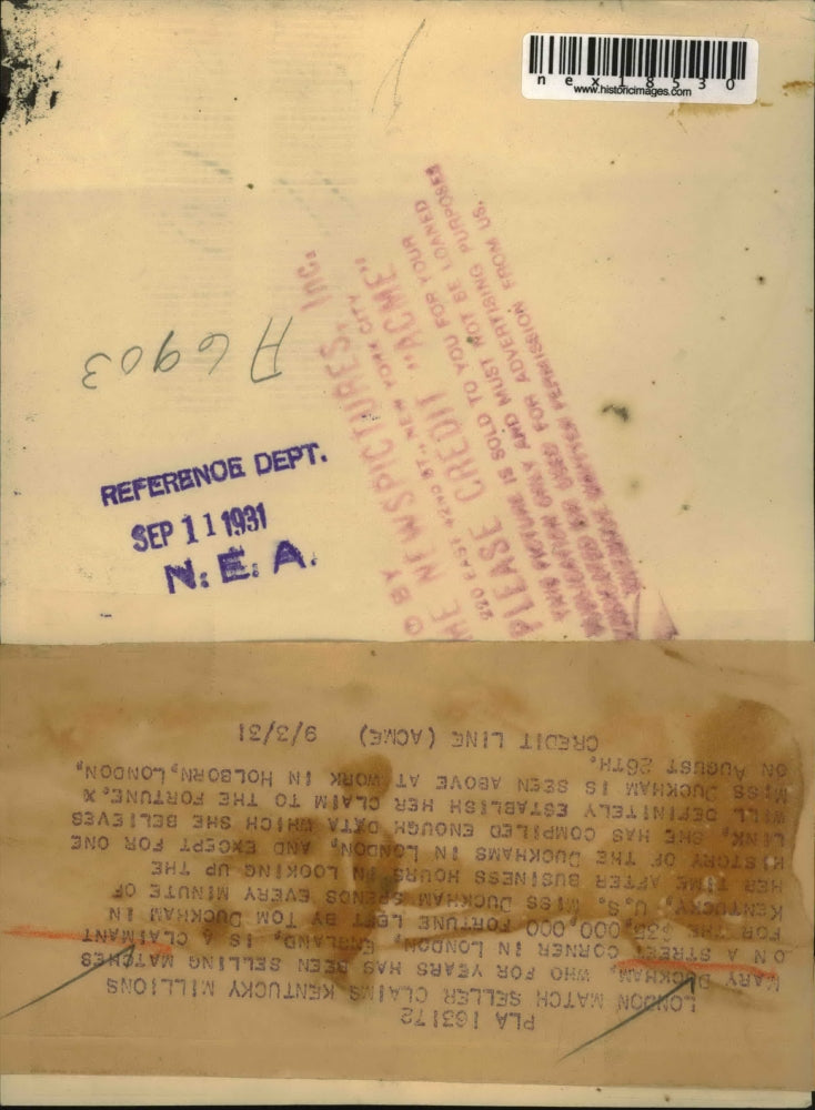 1931 Press Photo Mary Duckham sells matches in London England now an heiress