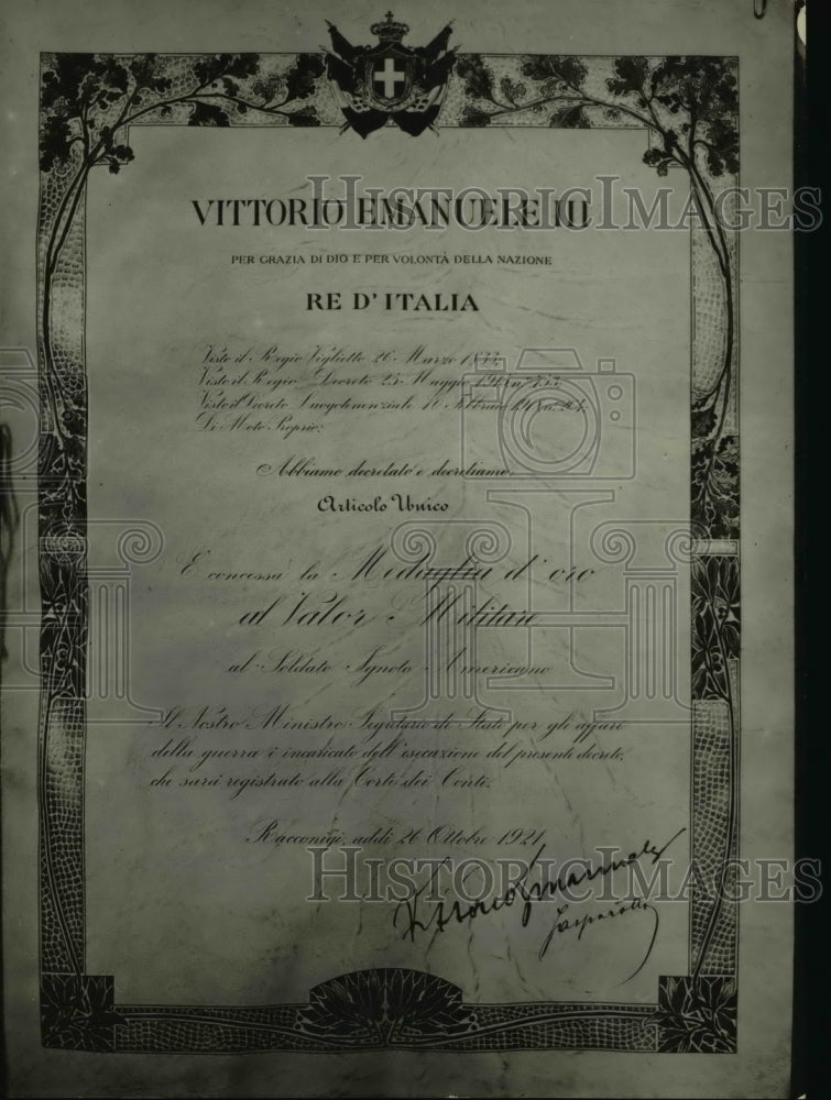 1922 Press Photo Certificate from Italian Govt for US Unknown Soldier