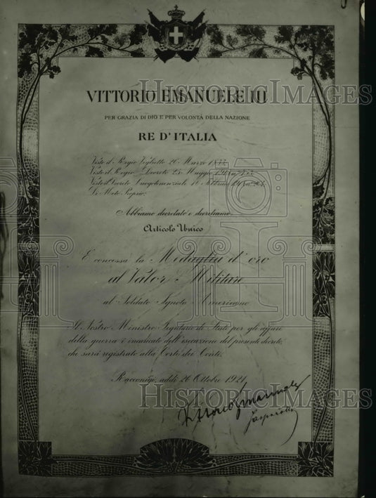 1922 Press Photo Certificate from Italian Govt for US Unknown Soldier