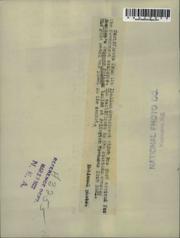 Load image into Gallery viewer, 1922 Press Photo Certificate from Italian Govt for US Unknown Soldier
