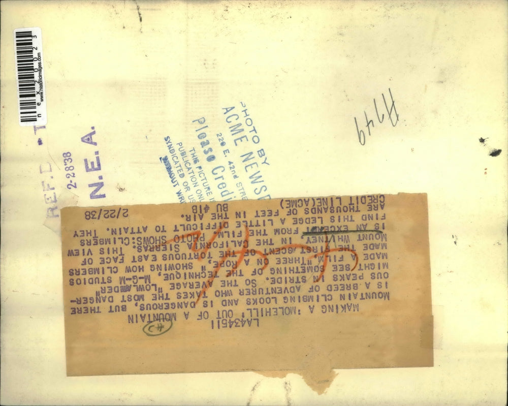 1938 Press Photo Mountain climbers on east face of Mount Whitnety in Calif