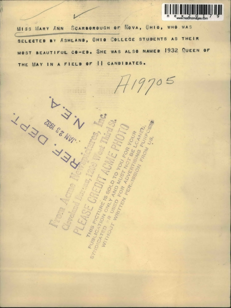 1932 Press Photo Mary Ann Scarborough Ashland Ohio College most beautiful coed