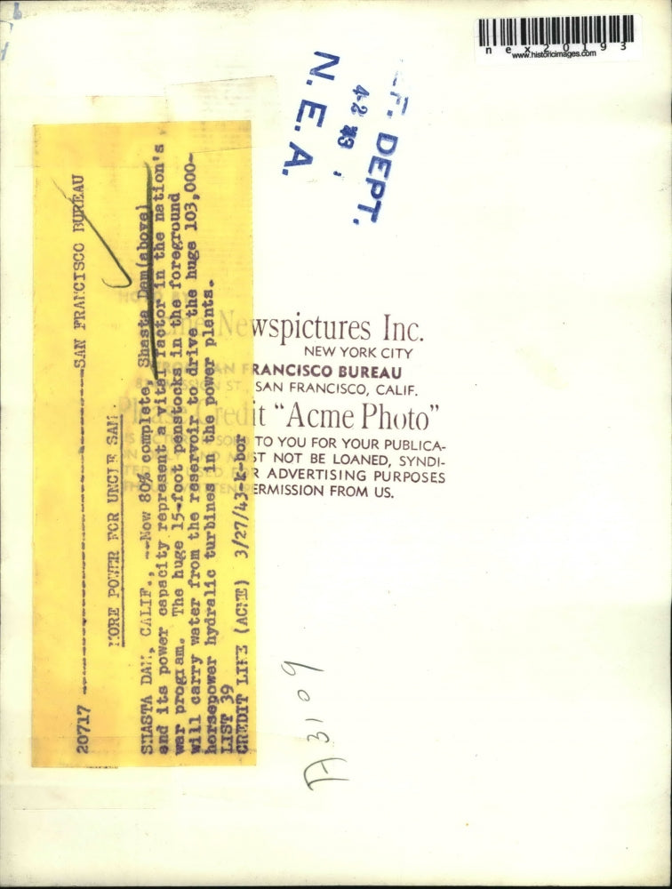 1943 Press Photo Shasta Dam in Calif as construction continues