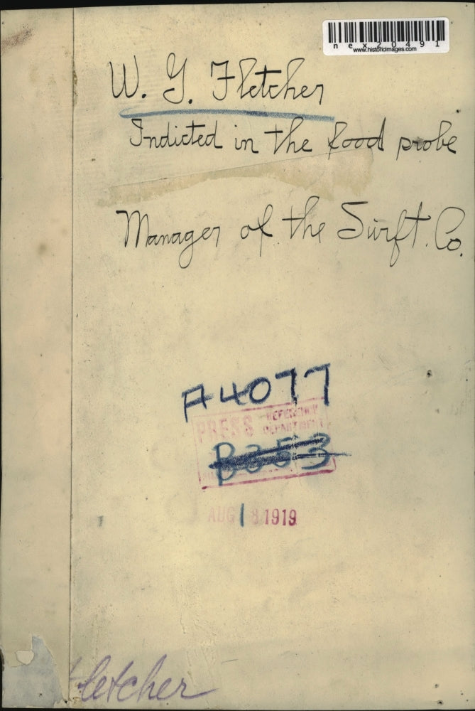 Load image into Gallery viewer, 1919 Press Photo W F Fletcher Manager of Swift Company Indicted in Food Probe
