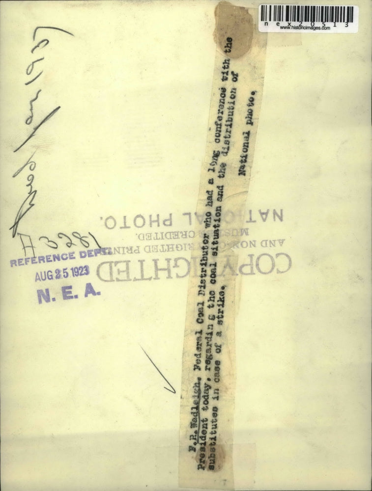 1923 Press Photo F. R. Wadleigh, Federal Coal Distributor, in DC for strike fix