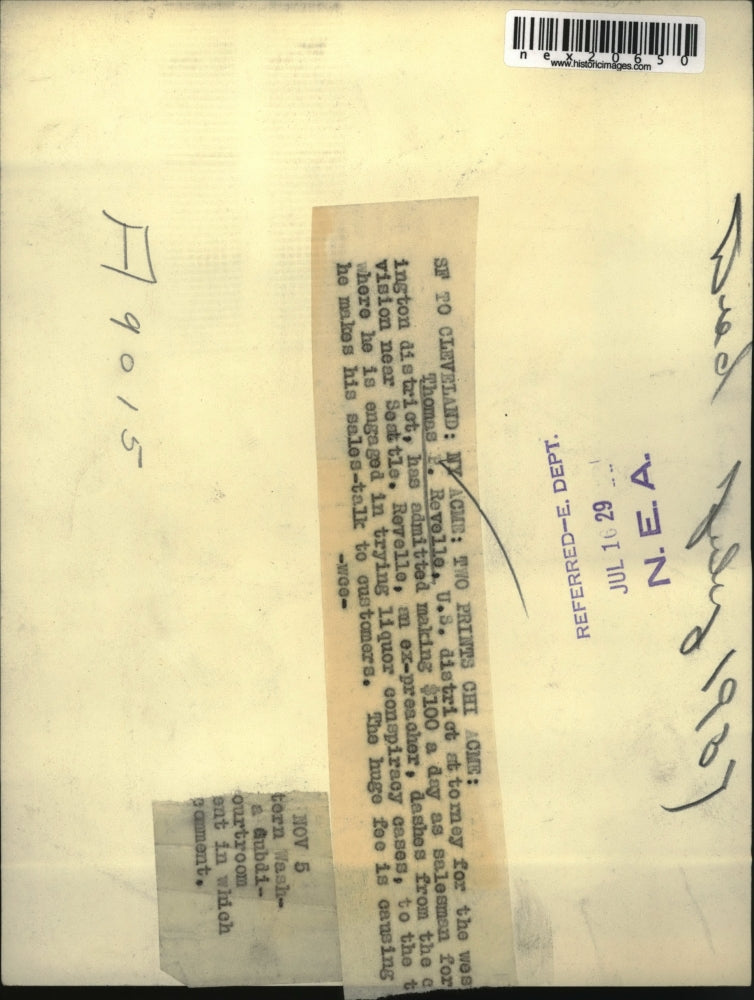 1929 Press Photo Thonas P. Revelle, US District Attorney in the Washington Dist.