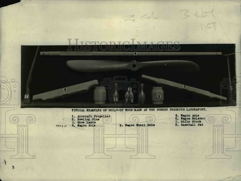 1919 Press Photo Examples of wood made into various products at Forest Labs
