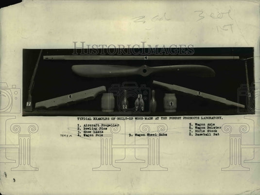 1919 Press Photo Examples of wood made into various products at Forest Labs