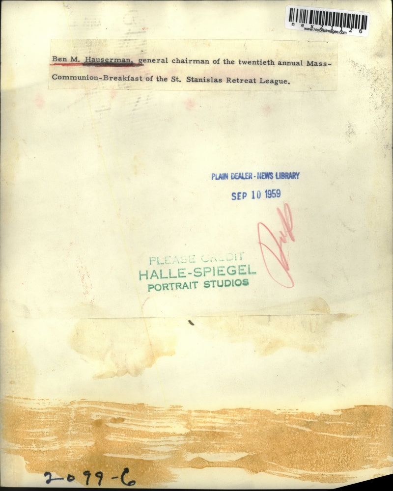 1959 Press Photo Ben M Hauserman chairman Mass Communion Retreat league