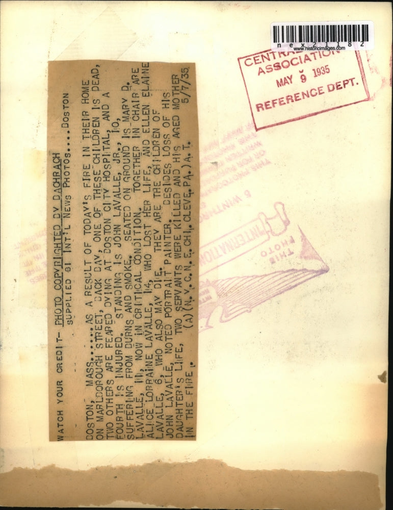 1935 Press Photo Alice Ellen Mary and John LaValle in House Fire in Boston