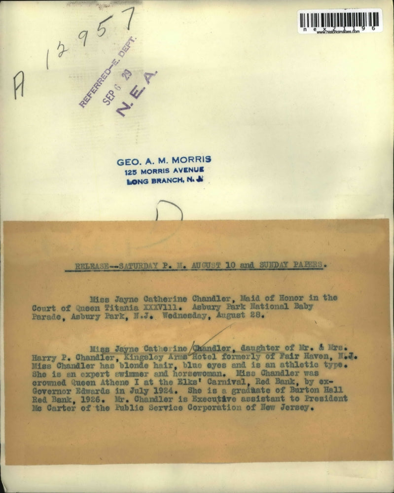 1929 Press Photo Miss Jayne C Chandler maid of honor Court of Queen Tatiania