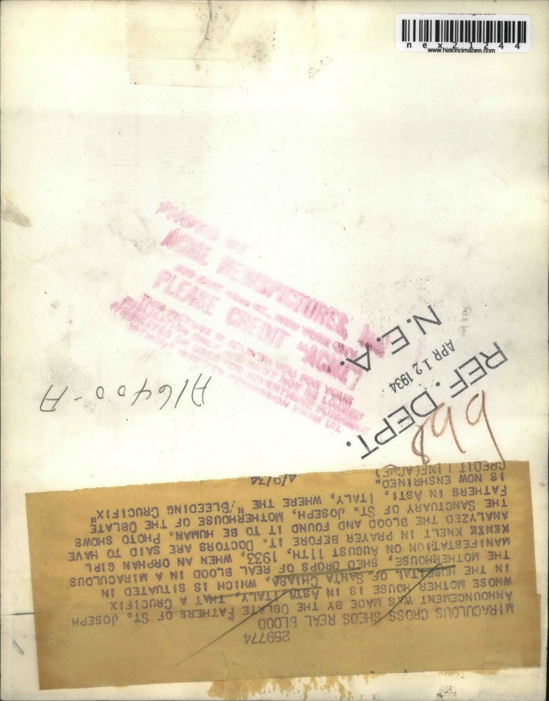 1934 Press Photo Asti Italy Hospital of Santa Chiara cross bleeds real blood