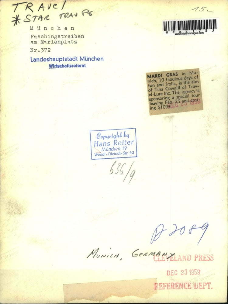 1959 Press Photo Mardis Gras in Munich Tina Cowgill