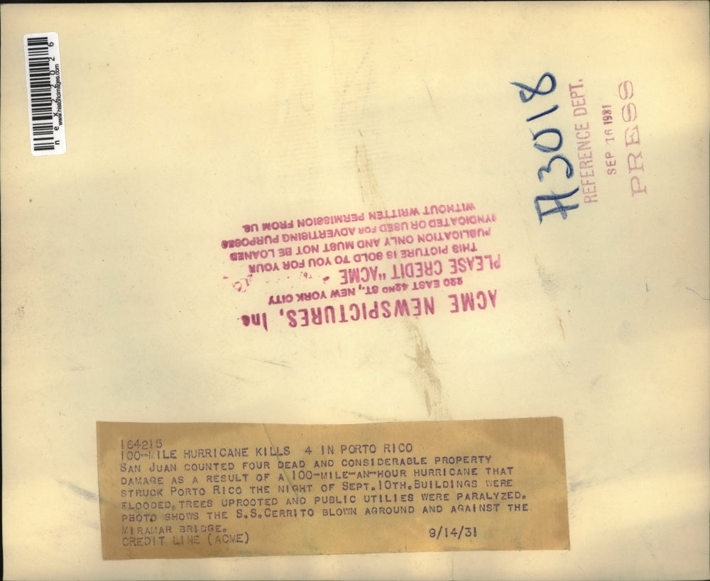 1931 Press Photo San Juan 100mile per hour hurricane kills 4 in Puorto Rico