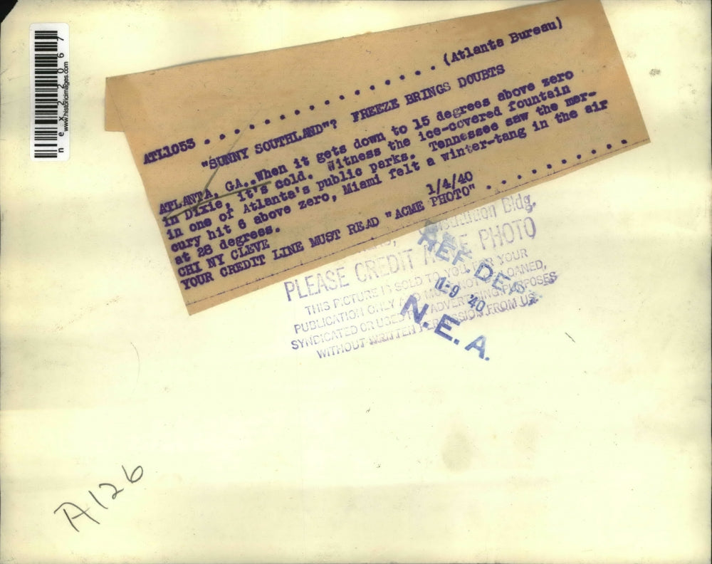 1940 Press Photo Atlanta, GA Frozen Cold Weather