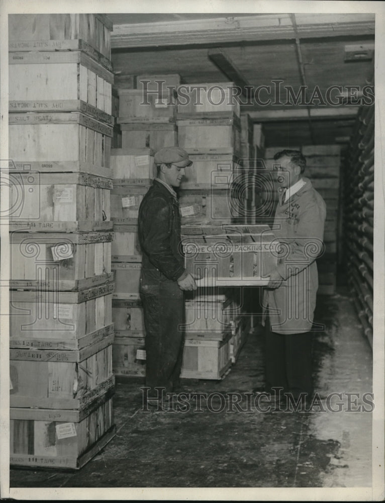 Load image into Gallery viewer, 1933 Press Photo Bob Staples and Bill Colbeck Meat Storage Plant Welfare Relief
