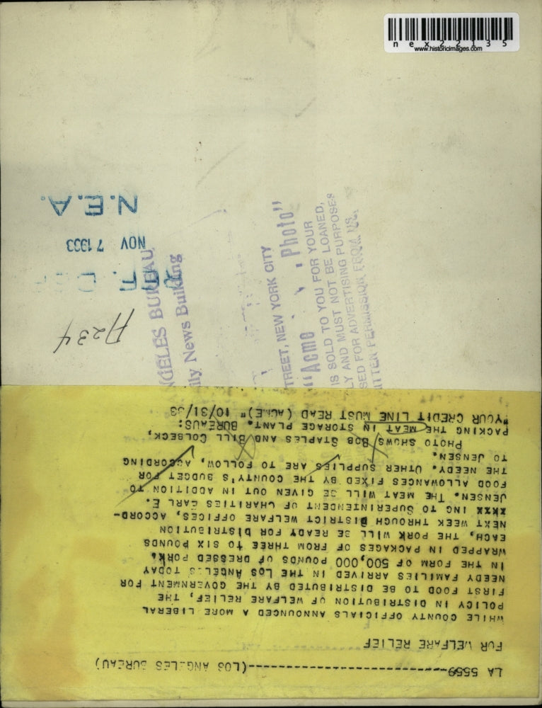 1933 Press Photo Bob Staples and Bill Colbeck Meat Storage Plant Welfare Relief