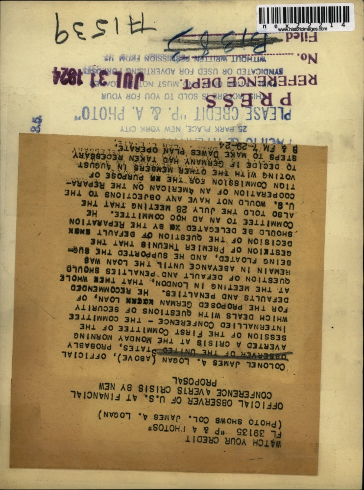 1924 Press Photo Col James A. Logan, official observer of the US at Financial Co