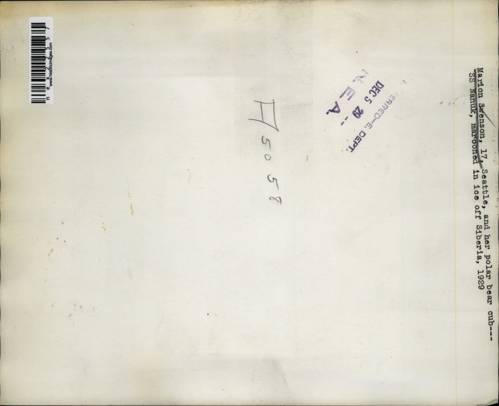 1929 Press Photo MArion Swenson & her polar bear cub on ice off Siberian coast