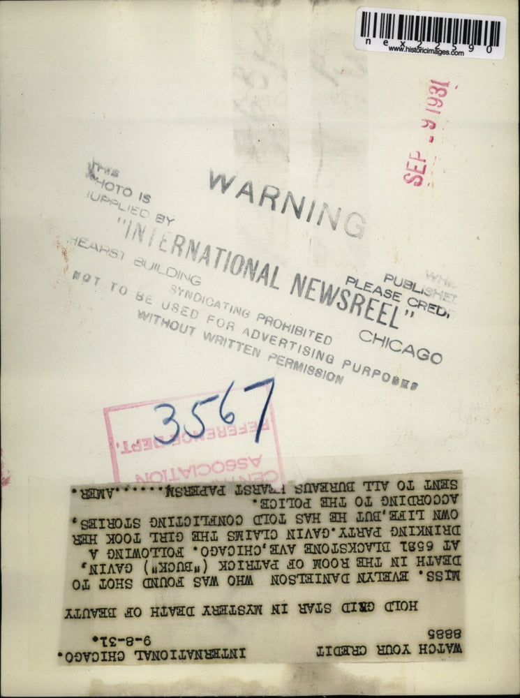 1931 Press Photo Evelyn Danielson found shot to death in Chicago