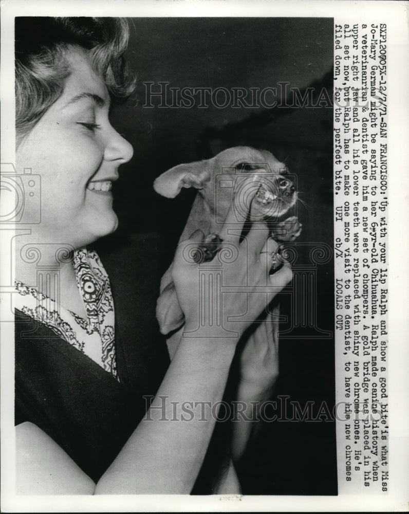 Load image into Gallery viewer, 1971 Press Photo Jo-Mary German and Chihuahua, Dog With New Teeth
