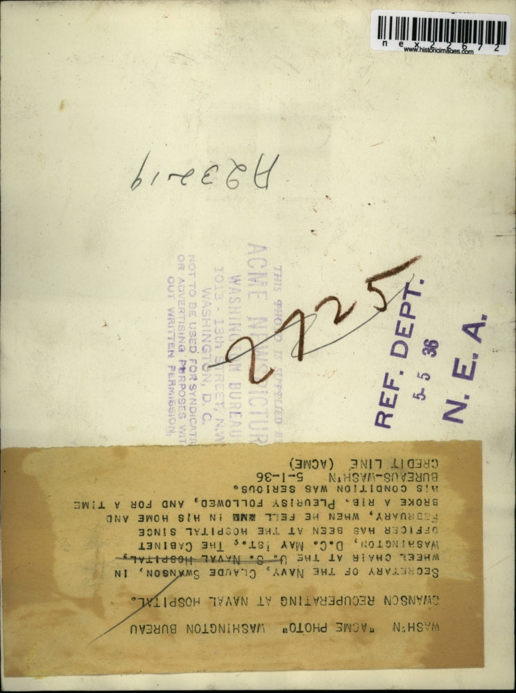 1936 Press Photo Navy Secretary Claude Swanson in Wheelchair US Naval Hospital