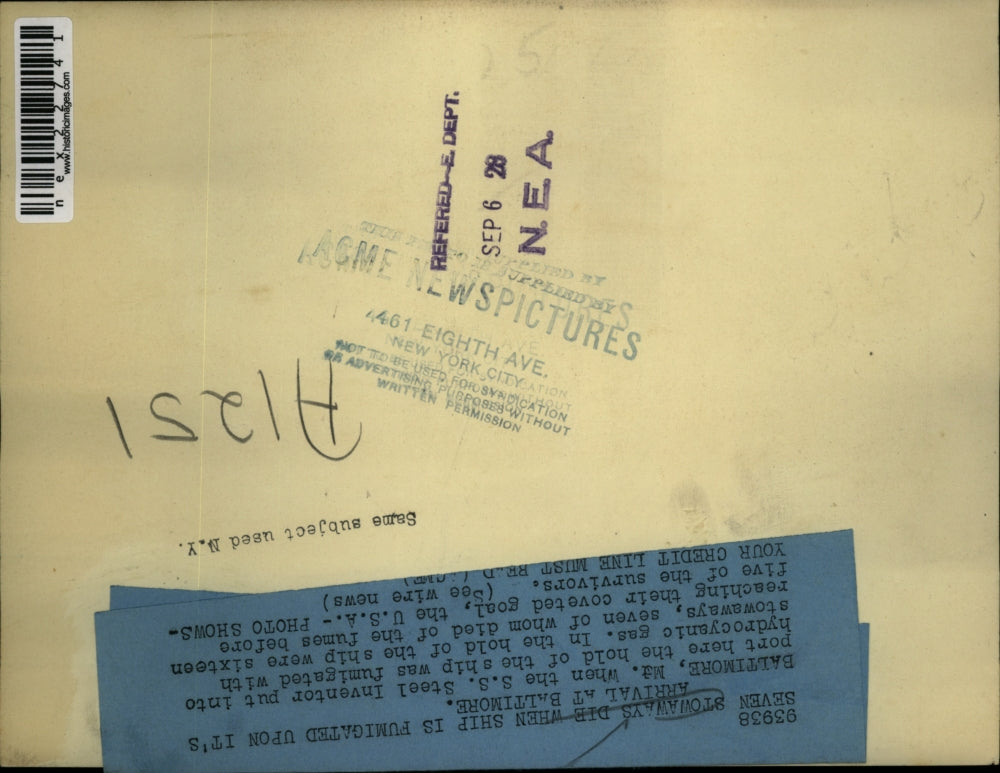 1928 Press Photo Stowaways Survive S S Steel Inventor Fumigation in Baltimore