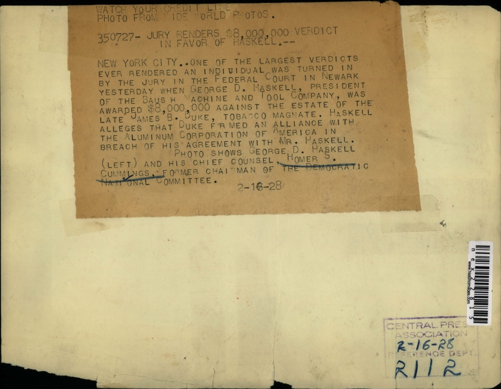 1928 Press Photo NYC Homer S Cummings of Democratic Natl Comm & GD Haskell