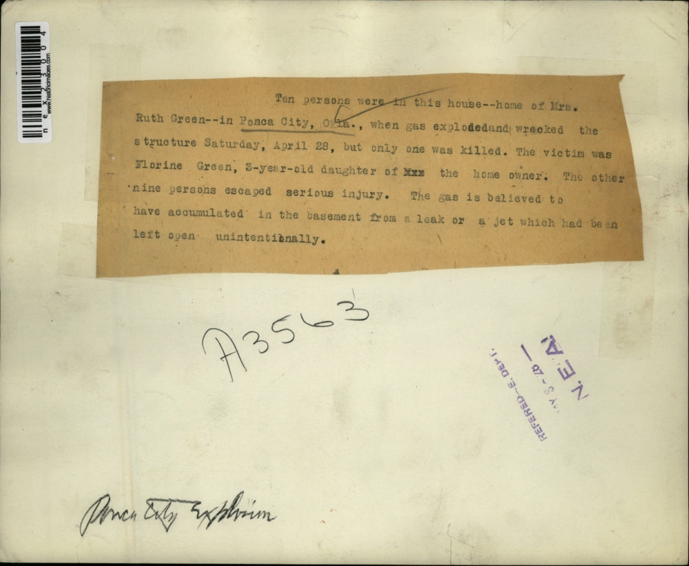 1928 Press Photo Gas Explosion at Ruth Green Home in Ponca City Oklahoma